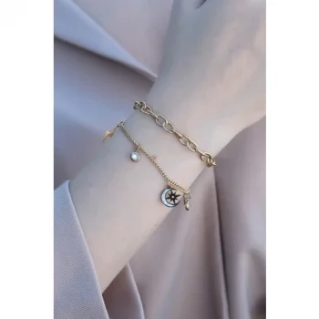 Colezium CLZ741 -  316L Kararmaz Çelik Gold Renk Ay Yıldız Detaylı Kadın Bileklik