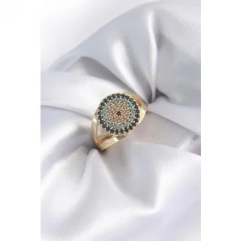 Karce Gold Renk Zirkon Taşlı Nazar Boncuk Model Kadın Yüzük