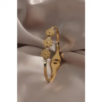 Colezium CLZ741 -  316L Çelik Gold Renk Papatya Figür Zirkon Taşlı Kadın Kelepçe