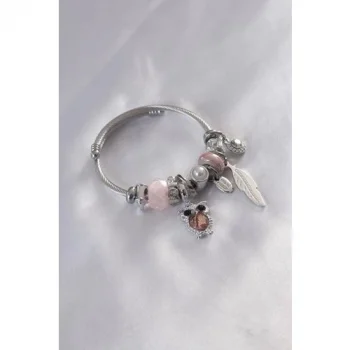 Colezium CLZ943  Çelik Charm Model Pembe Baykuş Figür Yaprak Detay Zirkon Taşlı Kadın Bileklik