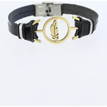 Karce CLZ741 -  Gold Renk Tüy Figürlü Metal Aksesuarlı Siyah Renk Deri Erkek Bileklik