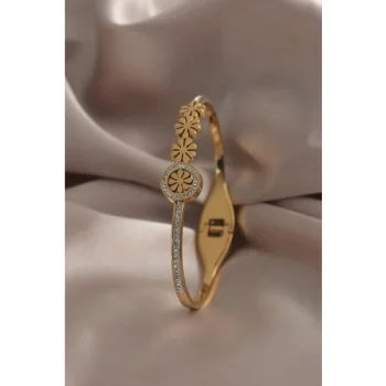 Colezium CLZ741 -  316L Çelik Gold Renk Papatya Model Zirkon Taşlı Kadın Kelepçe