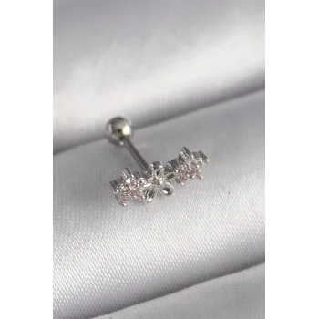 316L Çelik Gümüş Renk Zirkon Taşlı Çiçek Tragus Piercing - TJ-PR1247