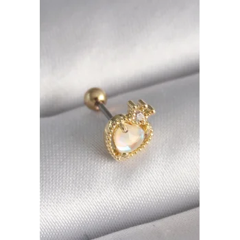 316L Çelik Gold Renk Beyaz Mineli Kalp Zirkon Taş Detaylı Taç Tragus Piercing - TJ-PR1262