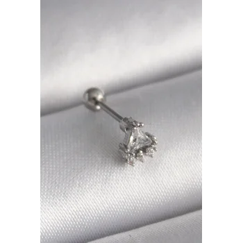 316L Çelik Gümüş Renk Üçgen Zirkon Taşlı Tragus Piercing - TJ-PR1239