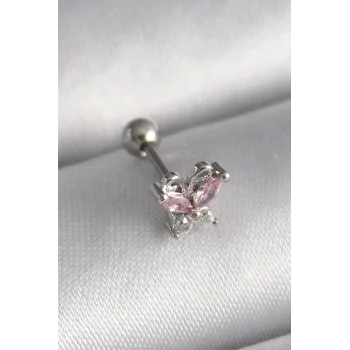 316L Çelik Gümüş Renk Pembe Zirkon Taşlı Kelebek Tragus Piercing - TJ-PR1241