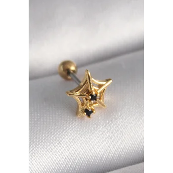 316L Çelik Gold Renk Siyah Zirkon Taş Detay Örümcek Ağ Model Tragus Piercing - TJ-PR1292