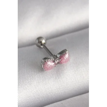 316L Çelik Gümüş Renk Pembe Kurdele Zirkon Taş Detay Tragus Piercing - TJ-PR1295