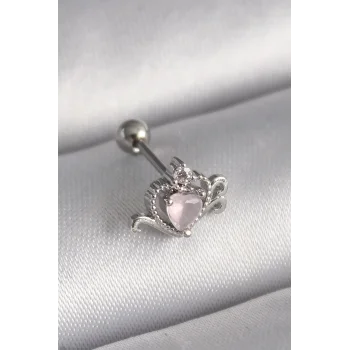 316L Çelik Gümüş Renk Pembe Mineli Kalp Zirkon Taş Detay Tragus Piercing - TJ-PR1261