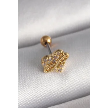 316L Çelik Gold Renk Zirkon Taşlı Kalp Sonsuzluk Detay Tragus Piercing - TJ-PR1248