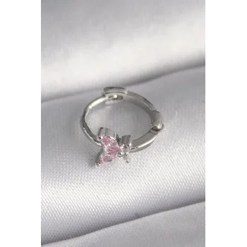 316L Çelik Gümüş Renk Pembe Zirkon Taşlı Kelebek Model Tragus Piercing - TJ-PR1331