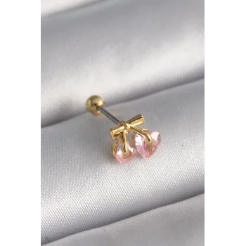 316L Çelik Gold Renk Pembe Zirkon Taşlı Kalp Tragus Piercing - TJ-PR1234