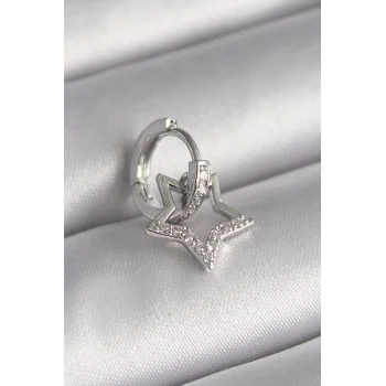 316L Çelik Gümüş Renk Zirkon Taşlı Sallantı Yıldız Model Tragus Piercing - TJ-PR1317
