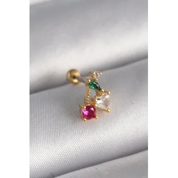 316L Çelik Gold Renk Zirkon Taşlı Kiraz Tragus Piercing - TJ-PR1226
