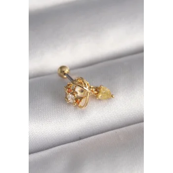 316L Çelik Gold Renk Zirkon Taşlı Sallantı Kalp Detay Tragus Piercing - TJ-PR1360