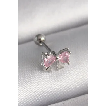 316L Çelik Gümüş Renk Pembe Zirkon Taşlı Fiyonk Tragus Piercing - TJ-PR1251