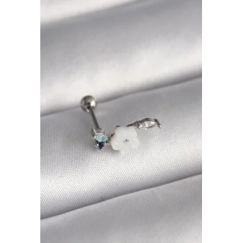 316L Çelik Gümüş Renk Zirkon Taş Detay Beyaz Çiçek Model Tragus Piercing - TJ-PR1357