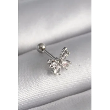 316L Çelik Gümüş Renk Zirkon Taşlı Kelebek Tragus Piercing - TJ-PR1233