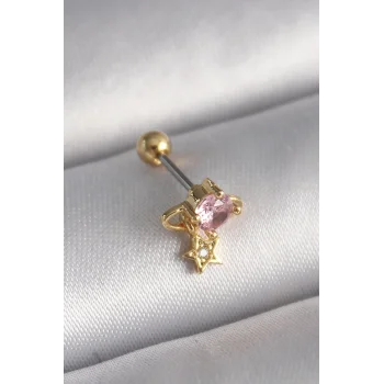 316L Çelik Gold Renk Pembe Zirkon Taşlı Sallantı Yıldız Detay Tragus Piercing - TJ-PR1236