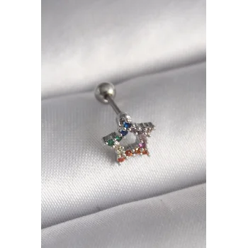 316L Çelik Gümüş Renk Renkli Zirkon Taşlı Yıldız Model Tragus Piercing - TJ-PR1355