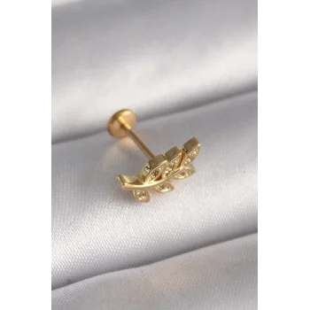 316L Çelik Gold Renk Zirkon Taş Detaylı Yaprak Model Tragus Piercing - TJ-PR1342