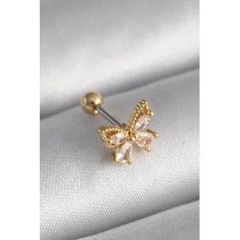 316L Çelik Gold Renk Zirkon Taşlı Kelebek Tragus Piercing - TJ-PR1232