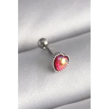 316L Çelik Gümüş Renk Kırmızı Mineli Kalp Tragus Piercing - TJ-PR1267