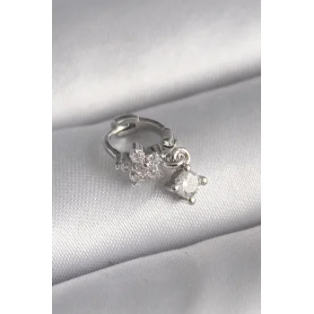 316L Çelik Gümüş Renk Zirkon Taşlı Çiçek Model Sallantı Detay Tragus Piercing - TJ-PR1311