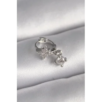 316L Çelik Gümüş Renk Zirkon Taşlı Çiçek Model Sallantı Detay Tragus Piercing - TJ-PR1315