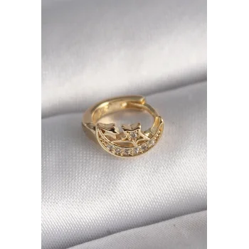 316L Çelik Gold Renk Zirkon Taşlı Ay Yıldız Model Tragus Piercing - TJ-PR1322
