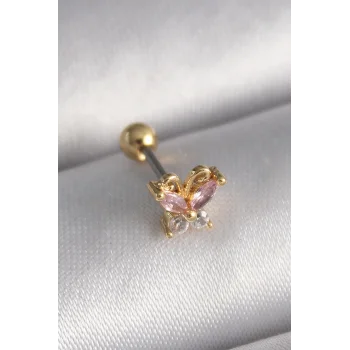 316L Çelik Gold Renk Pembe Zirkon Taşlı Kelebek Tragus Piercing - TJ-PR1240