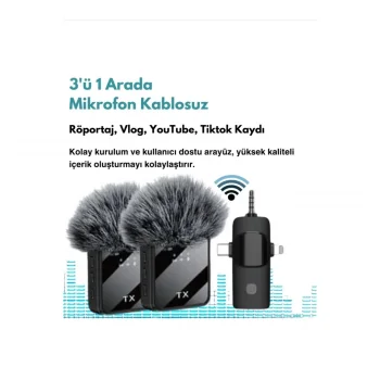 BFS Yüksek Kalite Profesyonel 3 In 1 Kablosuz Taşınabilir Yaka Mikrofonu Tüylü