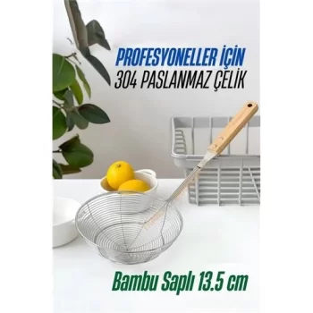 Bambu Saplı Kevgir Süzgeç 304 Paslanmaz Çelik 13.5 cm