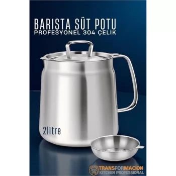 Barista Süt Potu- Filtreli Çok Amaçlı Pot - Yağ Filtresi Profesyonel 304 Paslanmaz Çelik