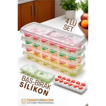 Buz Kalıbı - Bas-Bırak Kapaklı Silikon Buz Kalıbı 4 lü SET