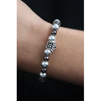 Doğal Taş Kral Tacı Model Gümüş Ve Füme Renk Asansörlü Erkek Bileklik