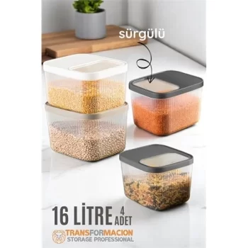 Erzak Bakliyat Kutusu Sürgülü Kapak Saklama Kabı 16 Litre 4 ADET