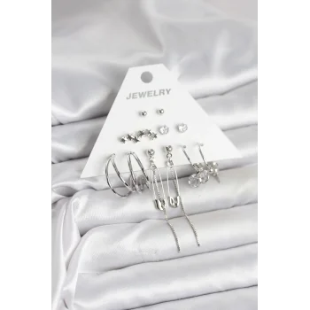 Gümüş Renk 6lı Pirinç Küpe Seti