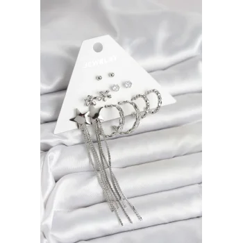 Gümüş Renk Pirinç 6 Çift Kadın Küpe Seti