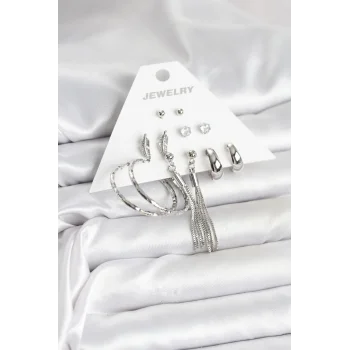 Gümüş Renk Pirinç 6 Çiftli Kadın Küpe Seti