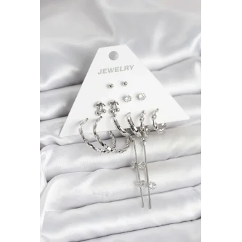 Gümüş Renk Pirinç 6lı Kadın Küpe Seti