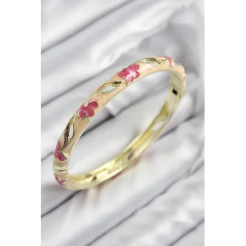 Mineli Pirinç Çiçek Motifli Gold Renk Kadın Kelepçe