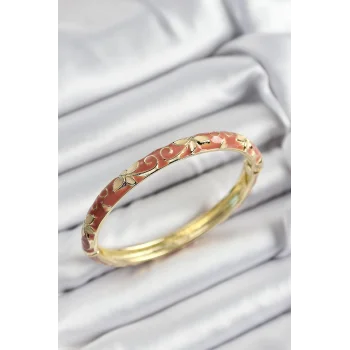 Mineli Pirinç Krem Çiçek Motifli Gold Renk Kadın Kelepçe