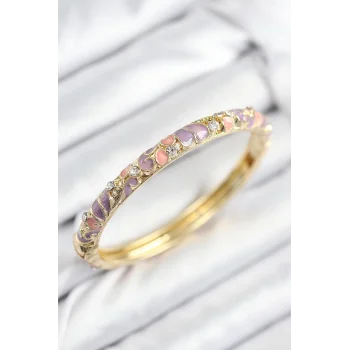 Mineli Pirinç Zirkon Taşlı Pembe Mor Çiçek Motifli Gold Kadın Kelepçe