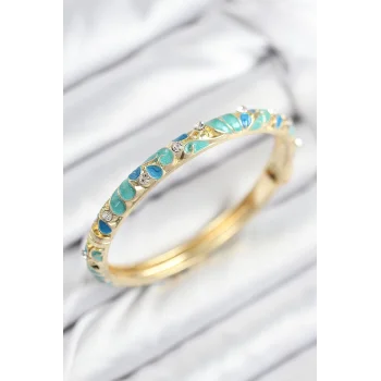 Mineli Pirinç Zirkon Taşlı Turkuaz Mavi Çiçek Motifli Gold Kadın Kelepçe