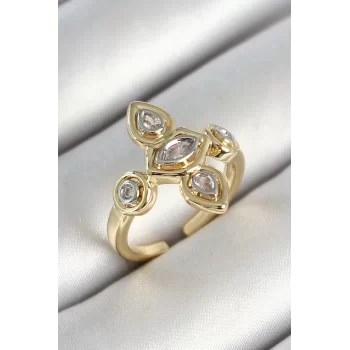 Pirinç Beş Taş Trend Figür Zirkon Taşlı Gold Renk Ayarlanabilir Kadın Yüzük