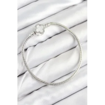 Pirinç Charm Zirkon Taşlı Yonca Model Gümüş Renk Kadın Bileklik