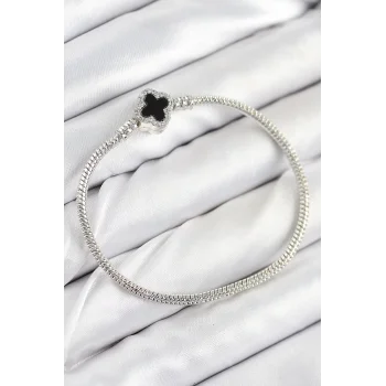 Pirinç Charm Zirkon Taşlı Yonca Model Gümüş Renk Kadın Bileklik