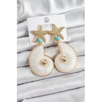 Pirinç Deniz Yıldızı Ve Deniz Kabuğu Figürlü Gold Renk Kadın Küpe