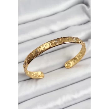 Pirinç Gold Renk İşlemeli Altı Açık Bileklik